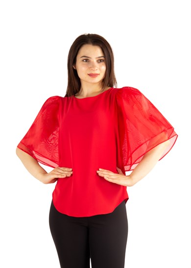 Boat Neck Ruffle Tulle Sleeve Blouse - Red