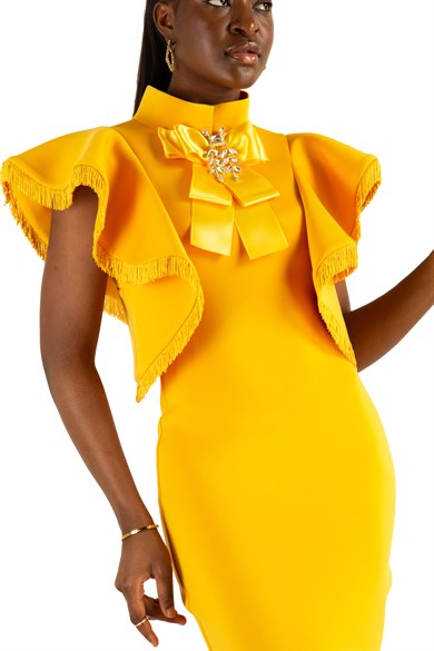 Bowknot Bow High Neck Ruffle Shoulder Scuba Dress - Yellow