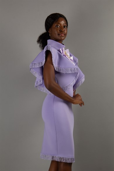 Bowknot Bow High Neck Ruffle Shoulder Scuba Dress - Lilac