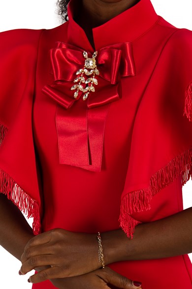 Bowknot Bow High Neck Ruffle Shoulder Scuba Dress - Red