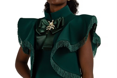 Bowknot Bow High Neck Ruffle Shoulder Scuba Dress - Emerald Green