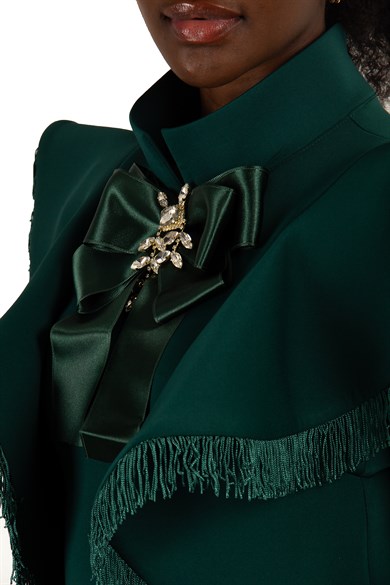 Bowknot Bow High Neck Ruffle Shoulder Scuba Dress - Emerald Green