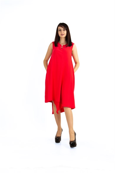 Brooch Collar Asymmetric Draped Dress - Red