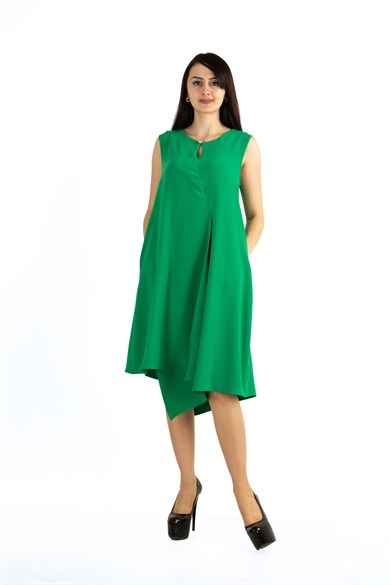 Brooch Collar Asymmetric Draped Dress - Grass Green