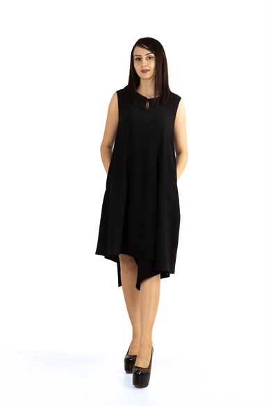 Brooch Collar Asymmetric Draped Dress - Black