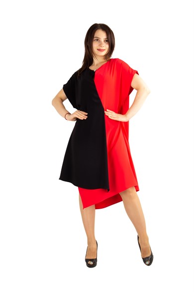 Brooch Collar Asymmetric Draped Two Tone Big Size Dress - Red