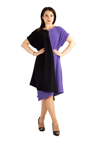 Brooch Collar Asymmetric Draped Two Tone Big Size Dress - Violet