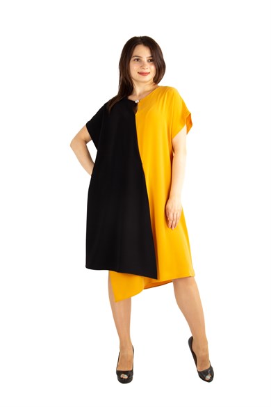 Brooch Collar Asymmetric Draped Two Tone Big Size Dress - Yellow