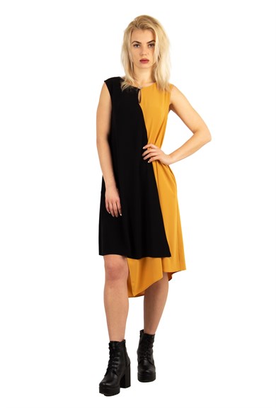 Brooch Collar Asymmetric Draped Two Tone Big Size Dress - Mustard