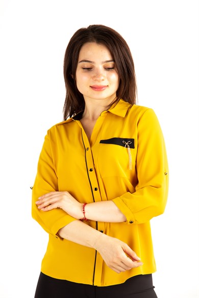 Brooch Detail Classic Big Size Shirt - Mustard