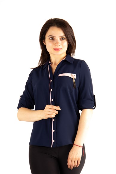 Brooch Detail Classic Big Size Shirt - Navy Blue