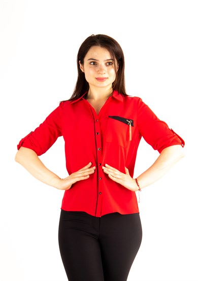 Brooch Detail Classic Shirt - Red