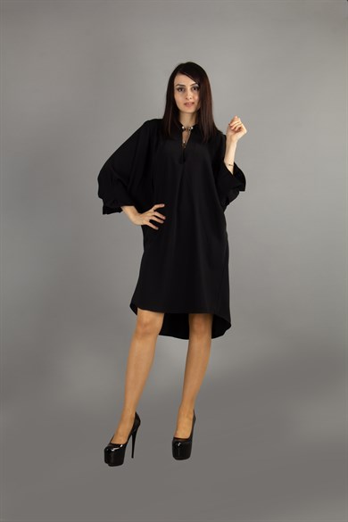 Brooch Neck Pleated Elastic Back Big Size Dress - Black