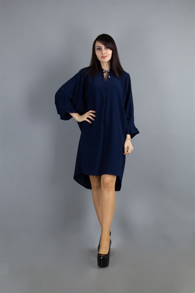 Brooch Neck Pleated Elastic Back Big Size Dress - Navy Blue
