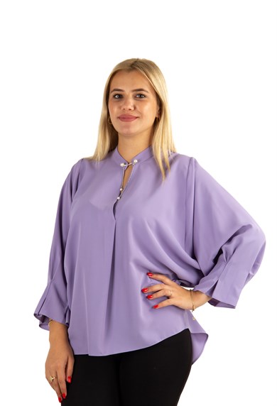 Brooch Neck Pleated Elastic Back Blouse - Lilac