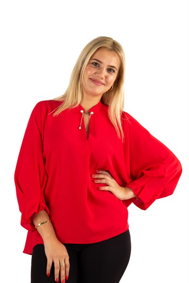Brooch Neck Pleated Elastic Back Blouse - Red