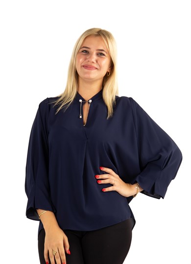 Brooch Neck Pleated Elastic Back Blouse
