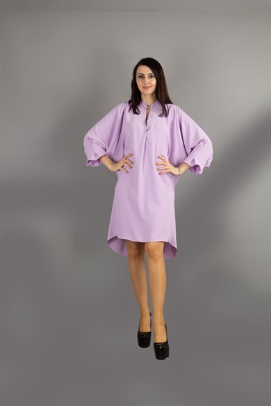 Brooch Neck Pleated Elastic Back Dress - Lilac