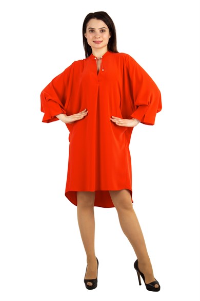 Brooch Neck Pleated Elastic Back Dress - Orange