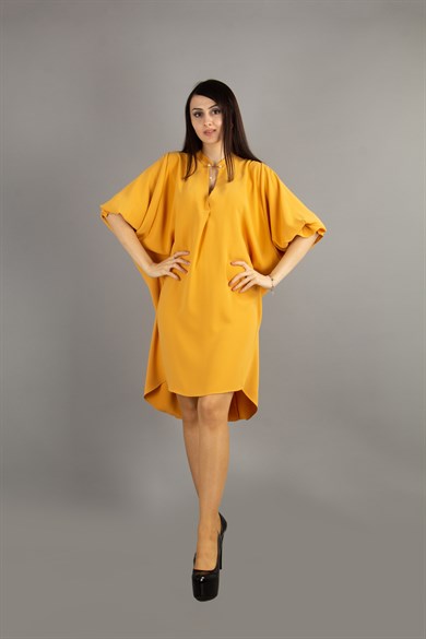 Brooch Neck Pleated Elastic Back Dress - Mustard