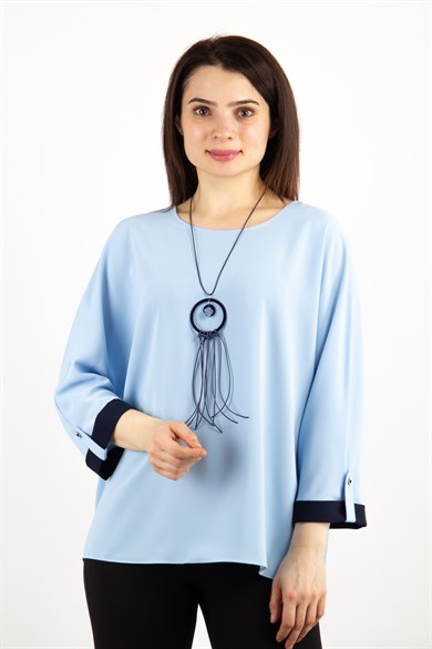 Button Back Boat Neck Big Size Blouse - Baby Blue