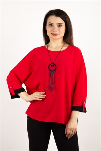 Button Back Boat Neck Big Size Blouse - Red