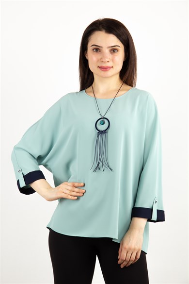 Button Back Boat Neck Big Size Blouse - Mint Green
