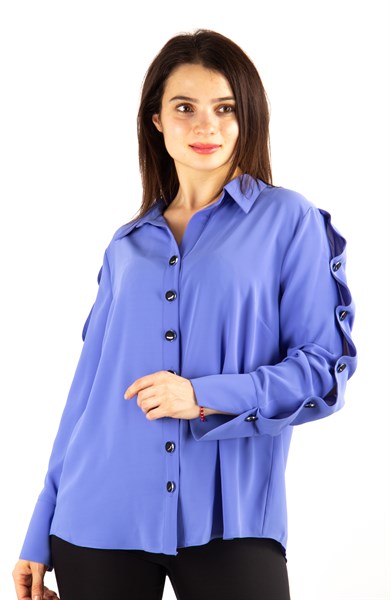Button Sleeve Detail Womens Big Size Shirt - Indigo