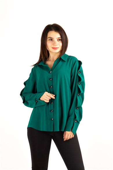 Button Sleeve Detail Womens Big Size Shirt - Emerald Green