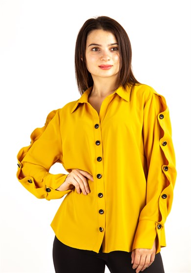 Button Sleeve Detail Womens Big Size Shirt - Mustard