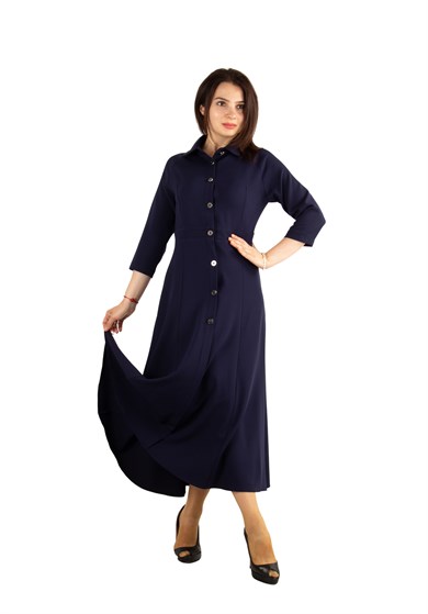 Buttoned Flare Midi Dress - Navy Blue