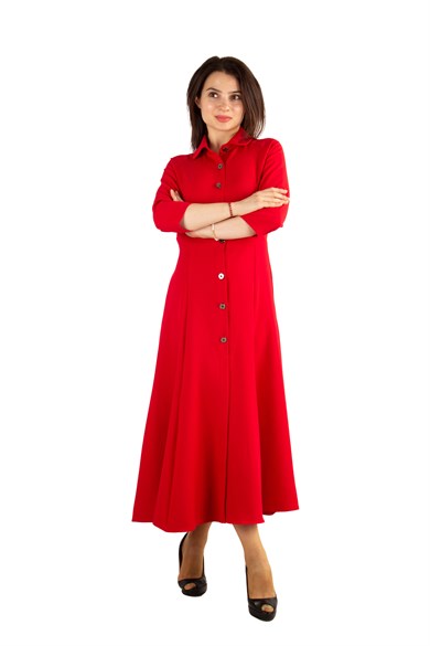 Buttoned Flare Midi Dress - Red
