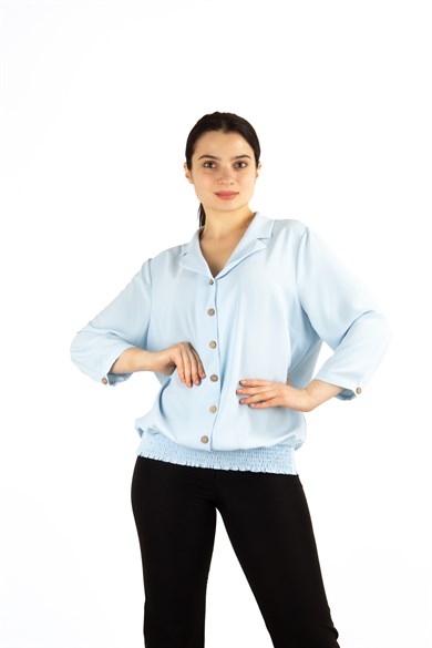 Buttoned Front Balloon Big Size Blouse - Baby Blue