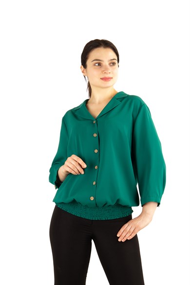 Buttoned Front Balloon Big Size Blouse - Emerald Green