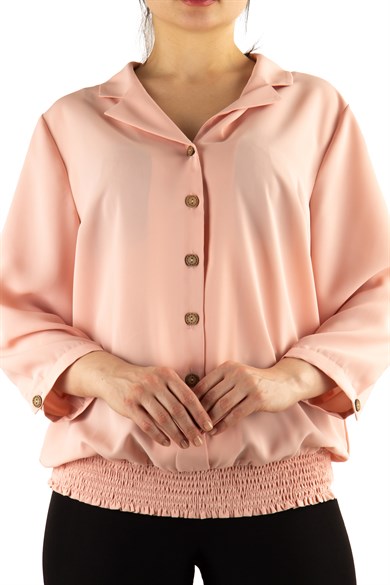 Buttoned Front Balloon Big Size Blouse - Powder