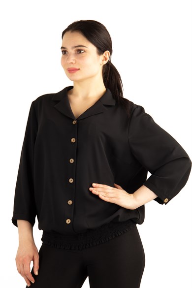 Buttoned Front Balloon Big Size Blouse - Black