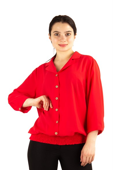 Buttoned Front Balloon Big Size Blouse - Red