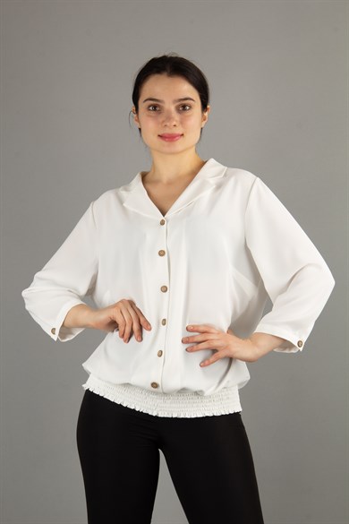 Buttoned Front Balloon Big Size Blouse - White
