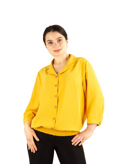 Buttoned Front Balloon Big Size Blouse - Mustard