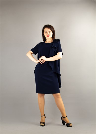 Cape Detail Dress With Flower Brooch - Navy Blue