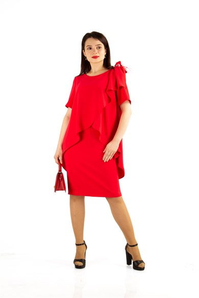 Cape Detail Dress With Flower Brooch - Red