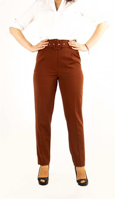 Casual Formal Office Trousers For Ladies Pants With Matching Belt - 	Brick Red