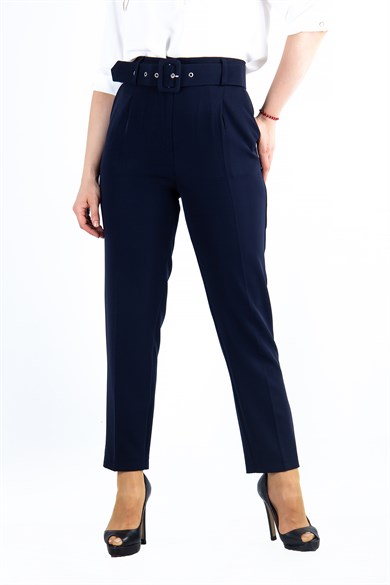 Casual Formal Office Trousers For Ladies Pants With Matching Belt - Navy Blue
