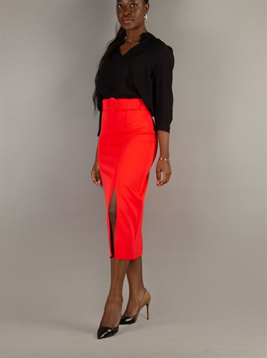 Classic Big Size Skirt Side Slit With Matching Belt - Red