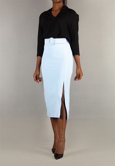 Classic Big Size Skirt Side Slit With Matching Belt - Baby Blue