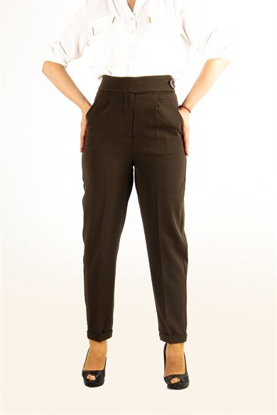 Classic Trouser With Folded Hem Side Button - Khaki