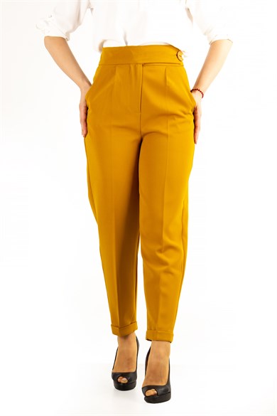 Classic Trouser With Folded Hem Side Button - Mustard