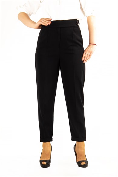 Classic Trouser With Folded Hem Side Button - Black