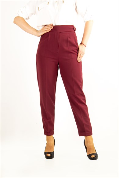 Classic Trouser With Folded Hem Side Button - Claret Red
