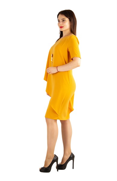 Cloak Cape Short Sleeve Elegant Bİg Size Dress - Mustard